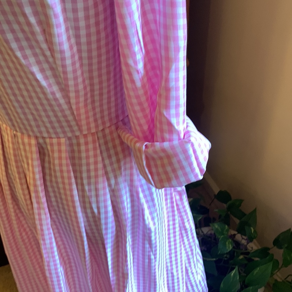 🌹Elegant Maxi Pink & White Long Sleeve Long Shirt Dress with Bow - Picture 10 of 10